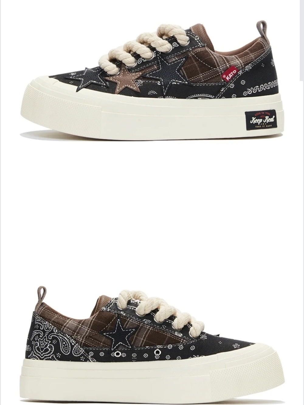 Kaalixto Adult Star Patch Low-Top Sneakers in Black & Brown Skateboard Shoe NWT